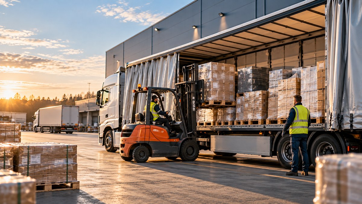 Paletiniai kroviniai kraunami į tentinę puspriekabę Europos logistikos terminale.