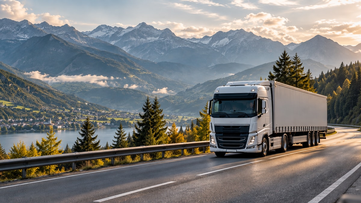 A white truck on a lakeside Alpine road, with the driver visible through the windshield.