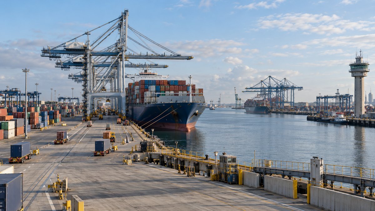 Wide container port with cranes, cargo stacks and vessel infrastructure.